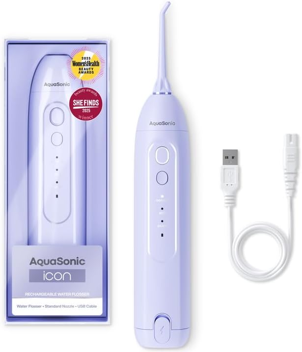 AquaSonic Icon Water Flosser for Teeth – Cordless Rechargeable Oral Irrigator – Waterproof, Portable Dental Cleaning with Jet Tip – Braces Home Travel - Lilac