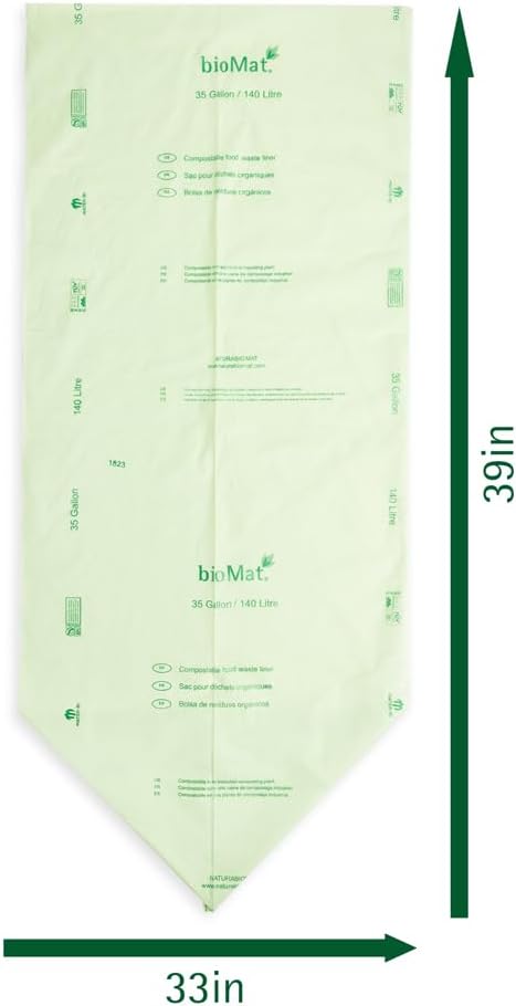 bioMat Compostable Trash Bags 35 Gallon, 10 Count, Tall flat top Kitchen Food Scrap Bin Liners, BPI, CMA and OK Compost HOME certified, Meets the ASTM D6400 Standard