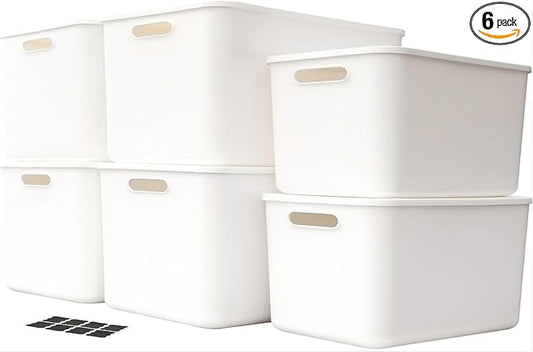 Set Of 6 Plastic Storage Bins,Versatile Kitchen Pantry Organization and Storage,for Plastic Storage Container Under Bed,Under Sink Bathroom Organizer (White, 4 L+2 M)