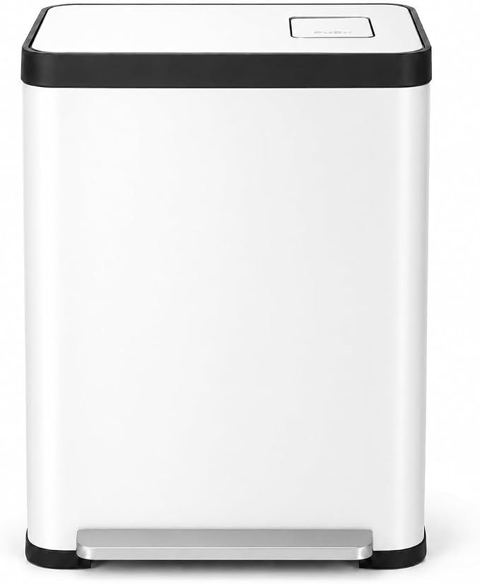 Home Zone Living 19 Gallon Kitchen Trash Can with Dual Compartments for Recycling, CleanAura Odor Control, Stainless Steel, Matte White, 70 Liters Total