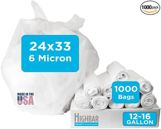 Highbar Select 12-16 Gallon Trash Bags, Bulk Pack of 1000 High Density 6 Micron Clear Trash Bags, Lightweight Trash for Small Wastebaskets - 20 Rolls with 50 Per Roll