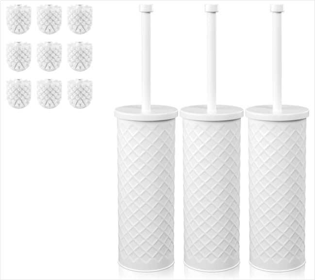 Toilet Bowl Brush and Holder Set 3 Pack with 6 Extra Brush Heads | Extra Long Handle with Splash Guard Cover, Tool-Free Installation, Bathroom Space-Saving, Cleaner Sets for Apartments, RV (White)
