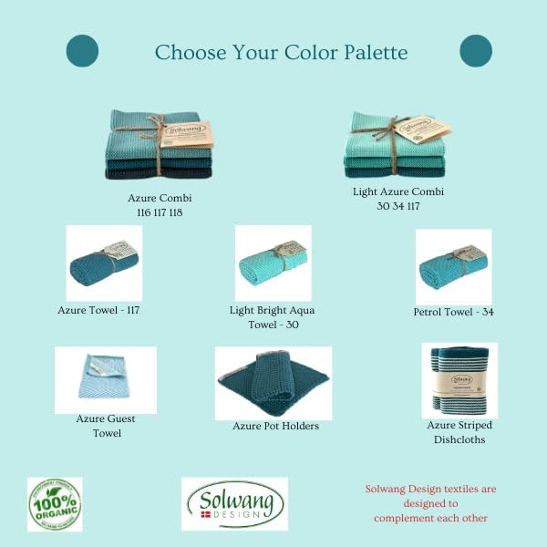 Solwang 3-Piece Danish Cotton Dishcloths in 100% Certified Organic Cotton Made in India (Azure Organic Combi)