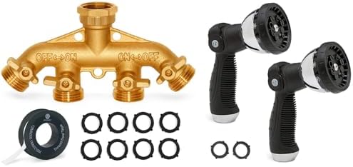 Morvat Brass 4 Way Garden Splitter with Shut Off Valves, Includes Extra Rubber Washers & Teflon Tape PLUS Water Hose Sprayer with 10 Spray Patterns -2-PACK- Thumb Controlled On/Off Lock