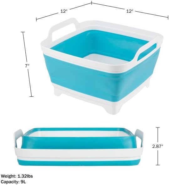 Collapsible Wash Basin - 9L Portable Sink with Drain - Plastic Tub Dish Pan for Camping, Handwashing Laundry, or Dishes by Wakeman Outdoors (Blue)