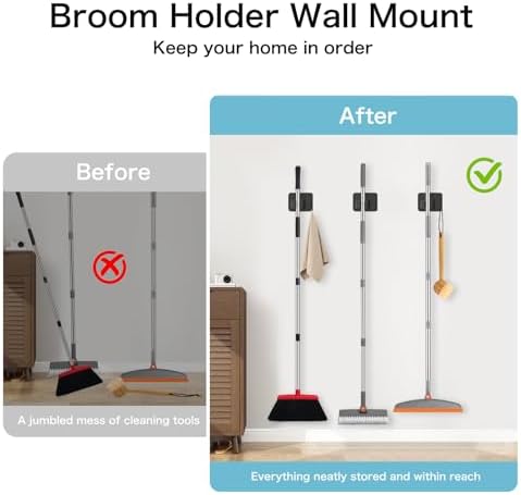 NACENA Broom and Dustpan Set & No Drill Self Adhesive Broom Mop Holder Wall Mount with Hooks 52-in Long Adjustable Handle Broom Dustpan Combo
