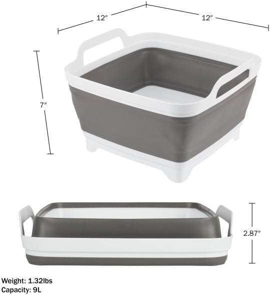 Collapsible Wash Basin - 9L Portable Sink with Drain - Plastic Tub Dish Pan for Camping, Handwashing Laundry, or Dishes by Wakeman Outdoors (Gray)