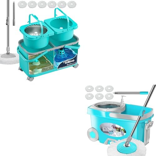 Spin Mop Separate Dirty Water and FunClean Mop Bucket with 12 Microfiber Replacement Head Refills,61" Extended Handle