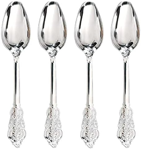WDF 100 Piece Silver Plastic Spoons Disposable - 6.93 Inch Baroque Silver Silverware for Dessert Cake - Heavy Duty Plastic Spoons for Party Wedding Daily Using Baby Shower Spring