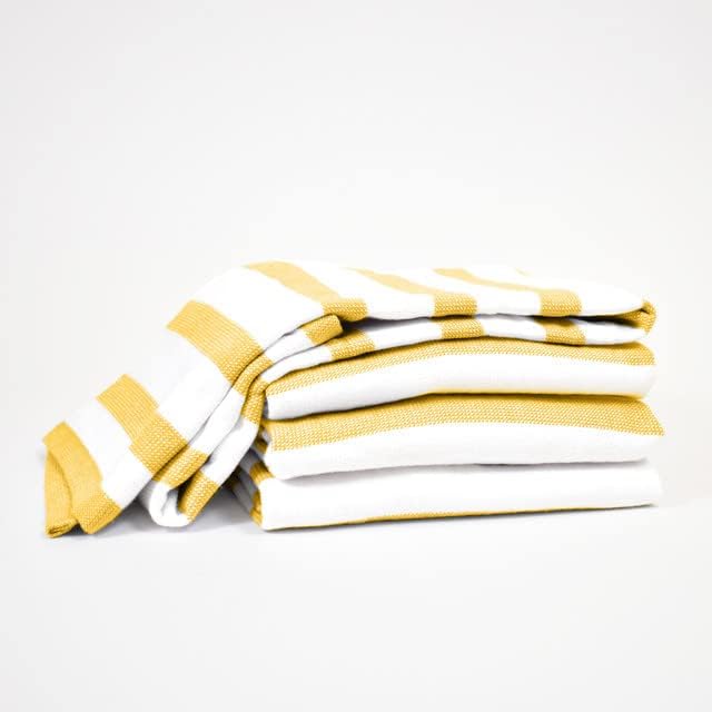 Realm 17" x 27" 100% Cotton Kitchen Towel (4 Pack) | Stripe Pattern Ochri Yellow | Soft, Plush & Absorbent with Solid White Backing
