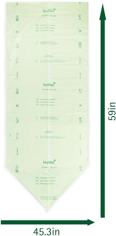 bioMat Compostable Trash Bags 64 Gallon, 30 Count, Extra Large flat top Kitchen Food Scrap Bin Liners, BPI, CMA and OK Compost HOME certified, Meets the ASTM D6400 Standard