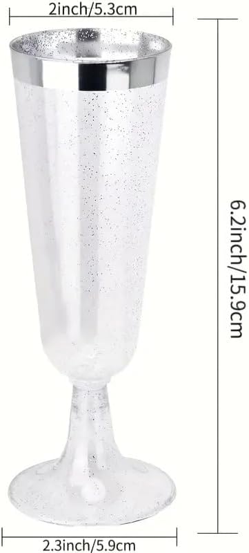 50 Pack Plastic Champagne Flutes 5.5oz Silver Glitter Rim Disposable Suitable for Wedding, Birthday Party, Thanksgiving Day, Christmas Supplies