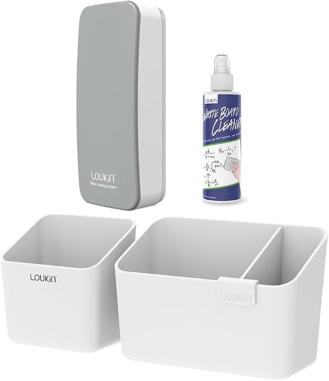 LOUKIN Whiteboard Accessories Bundle | Magnetic Dry Erase Eraser (Gray) & Magnetic and Adhesive Marker Holder & Whiteboard Cleaner (3.4 fl oz)