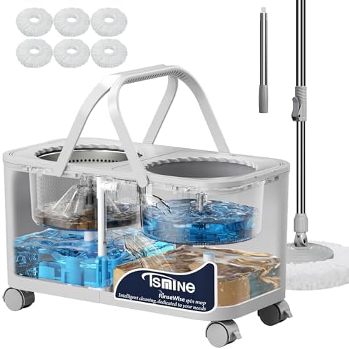Mop Bucket Separate Dirty Water and FunClean Spin Mop and Bucket with 12 Microfiber Replacement Head Refills,61" Extended Handle