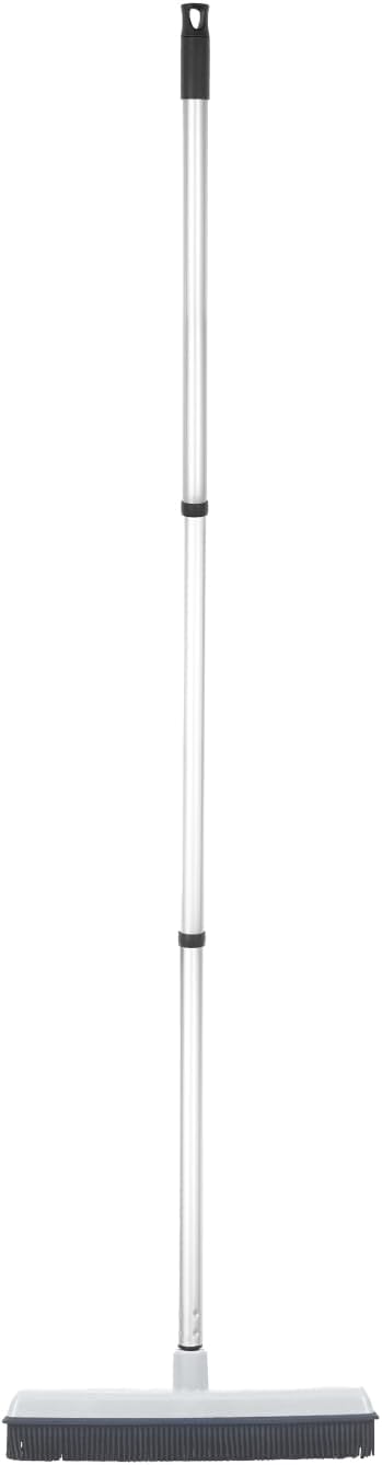 Rubber Bristle Broom for Floors Salon Broom, Rubber Squeegee Broom, Rug Broom, Rubber Rake for Human Hair, Pet Hair, Fur, Lint, Liquid, with 3-Part Handle, Grey
