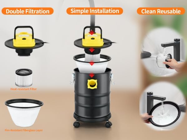 Fireplace Ash Vacuum Cleaner, 4 Gallon Heat Resistant Lightweight Canister Vacuum Cleaner with 1000W Powerful Suction Blowout for Fireplaces, Pellet Roasters, Woodstoves Pellet Ash Vacuums