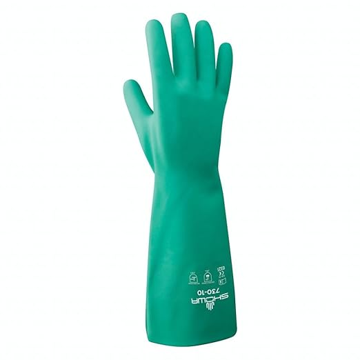 SHOWA 730 Chemical Resistant Gloves, 15-mil Nitrile with Cotton Flock Liner, 13-inch Extended Gauntlet, Bisque Grip, CE Cat III & Food Safe, Green, XX-Large, Vending Pack, 12-Pack