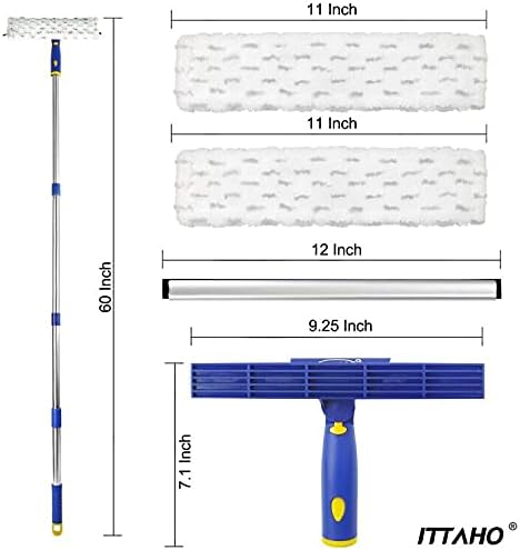 ITTAHO 60" Window Squeegee Cleaner 2 in 1 Window Cleaning Tool Kit Window Washing Kit with Extension Pole for Shower Glass, Indoor/Outdoor High Window Cleaning-Two Pads