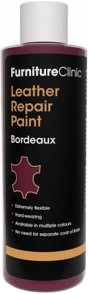 Furniture Clinic Leather Repair Paint | 2-in-1 Seal and Color | Use on Scratches, Tears, and Holes in Car Seats, Furniture | Quick and Easy Leather Repair Kit for Furniture (Bordeaux, 250ml / 8.5oz)