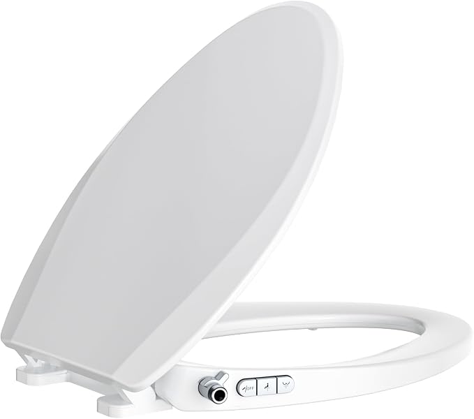 Clirass Bidet Toilet Seat, Soft Close Toilet Seat, Button control Feminine/Posterior Wash Switch, Knob Control Water Pressure,White Bidet Seat Attachment with Brass inlet (Elongated-D)