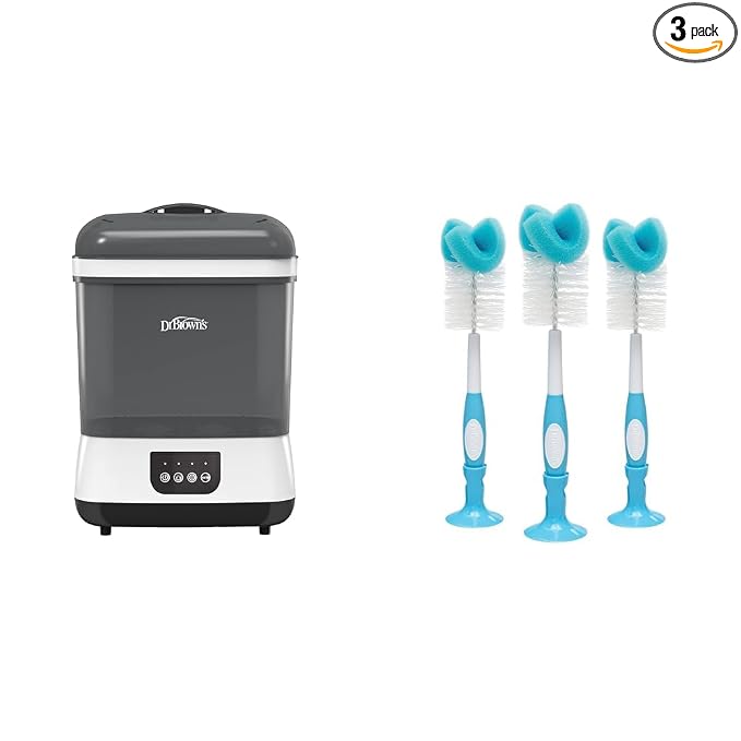 Dr. Brown's All-in-One Sterilizer and Dryer for Baby Bottles, Parts & Other Newborn Essentials & Baby Bottle Cleaning Brush with Sponge and Scrubber - Blue - 3-Pack
