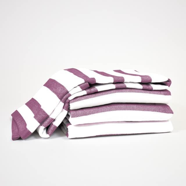 Realm 17" x 27" 100% Cotton Kitchen Towel (4 Pack) | Stripe Pattern Eggplant Purple | Soft, Plush & Absorbent with Solid White Backing