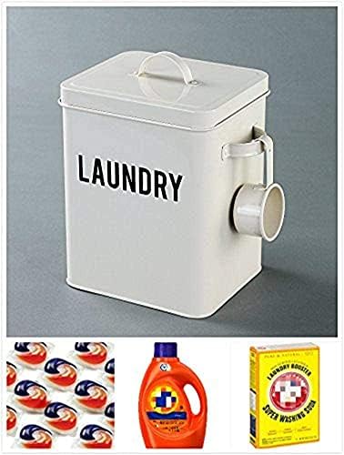 LA JOLIE MUSE Laundry Detergent Powder Storage Tin Box, Farmhouse Laundry Room Decor, 9 Inch High, Cream
