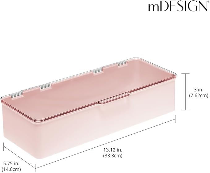mDesign Long Plastic Cosmetic Storage Organizer Box Containers with Hinged Lid for Bedroom, Bathroom Vanity Shelf or Cabinet, Holds Masks, Palettes, Lotion, or Nail Polish, 2 Pack - Light Pink/Clear