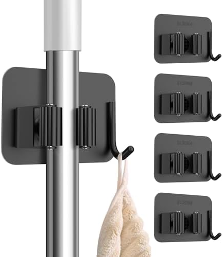 NACENA Broom and Dustpan Set & No Drill Self Adhesive Broom Mop Holder Wall Mount with Hooks 52-in Long Adjustable Handle Broom Dustpan Combo
