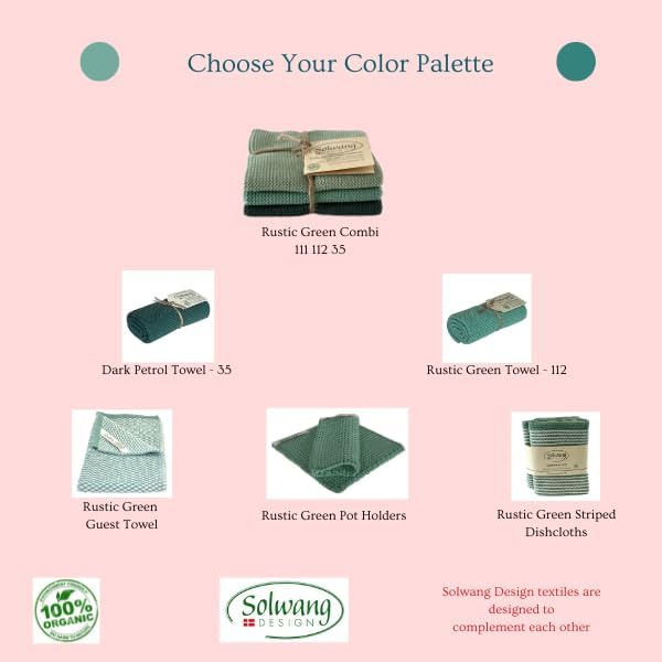 Solwang 3-Piece Danish Cotton Dishcloths in 100% Certified Organic Cotton Made in India (Rustic Green Organic Combi)
