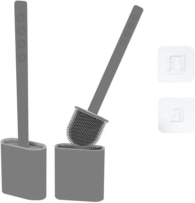 Modern Minimalist Silicone Toilet Brush with Holder - Pack of 2 Gray Toilet Bowl Brush Set - Self-Cleaning & Splash-Free, Easy-Rinse Design with Wall Mounted Holder Bathroom Accessory.
