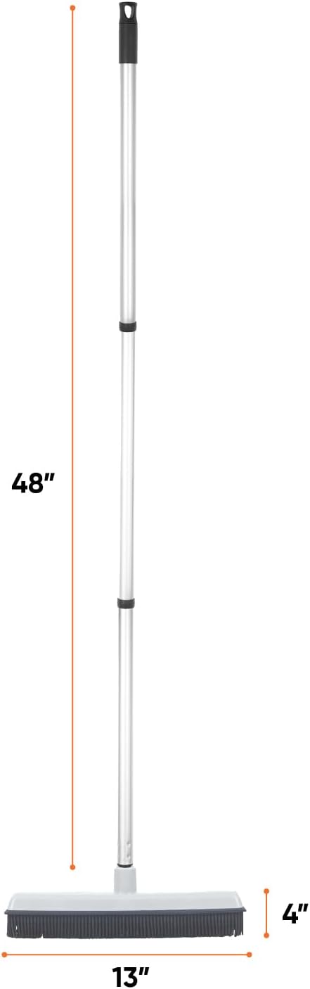 Rubber Bristle Broom for Floors Salon Broom, Rubber Squeegee Broom, Rug Broom, Rubber Rake for Human Hair, Pet Hair, Fur, Lint, Liquid, with 3-Part Handle, Grey
