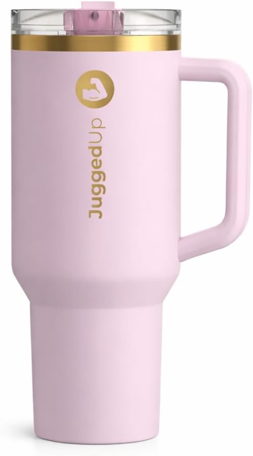 40oz Insulated Stainless Steel Tumbler with Handle & Flip Straw Lid – Leak-Proof Travel Mug, Cup Holder Compatible, BPA-Free – Blush Gold