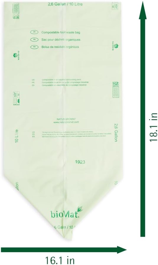 bioMat Compostable Trash Bags 2.6 Gallon, 25 Count, Small flat top Kitchen Food Scrap Bin Liners, BPI, CMA and OK Compost HOME certified, Meets the ASTM D6400 Standard