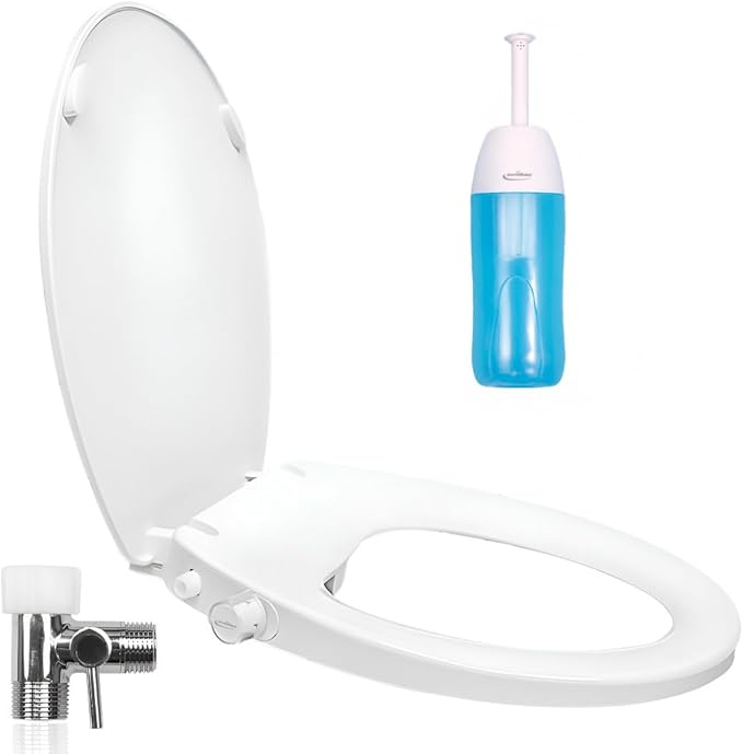 GenieBidet Bidet Toilet Seat Elongated - Dual Nozzles with T adapter & Bottle - Adjustable Water Pressure & Slow Close Bidet Seat Elongated with No Wiring & Easy Installation