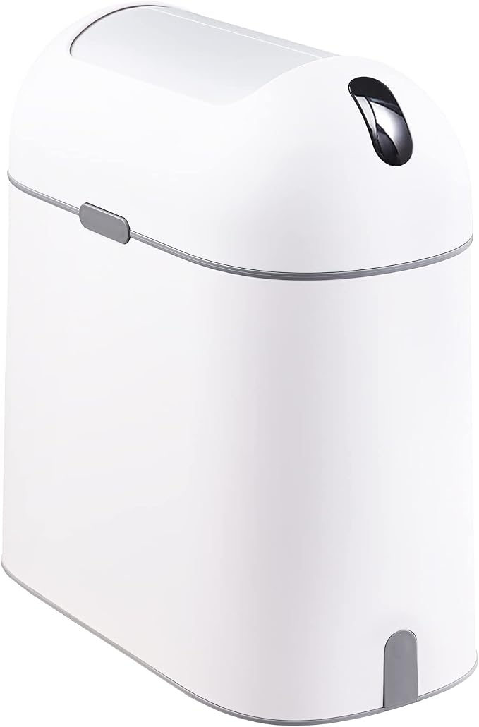 ELPHECO Bathroom Trash Can, 2.5 Gallon Motion Sensor Waterproof Trash Bin with Butterfly lid, Bathroom Decor Waste Basket Garbage Bin for Bedroom Kitchen and Office use, White with Grey Button