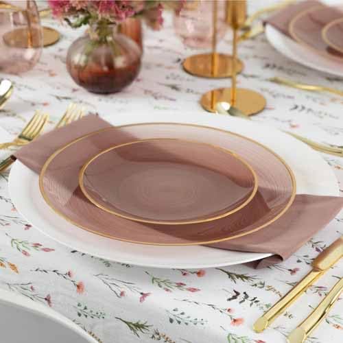PLASTICPRO 128 Pieces Crystal Design Plastic Plates Combo Pack 64-7 inch and 64-10 inch Elegant Disposable Plates, Rose Color With Gold Rim