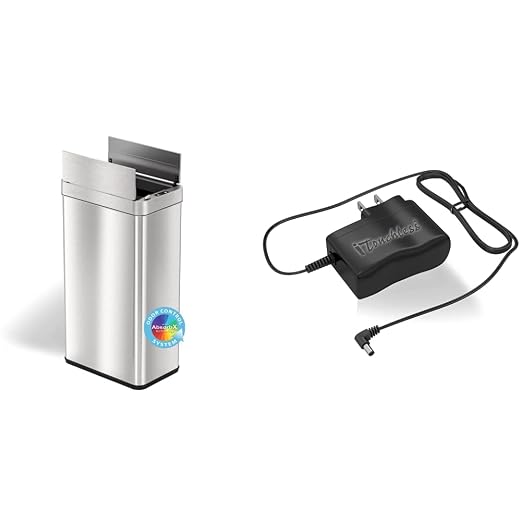 iTouchless 18 Gallon Wings Open Lid Sensor Trash Can with AbsorbX Odor Filter & PetGuard (Silver) AC Power Adapter for Automatic Sensor Trash Cans