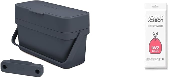 Joseph Joseph 30107 Mountable Compo 4 Food Waste Easy-Fill with Adjustable Air Vent Caddy, 4-Liters (1 US Gallon), Graphite & Intelligent IW2 Bin Liners Custom Fit Bags for Food Waste Caddy 1 Gallon