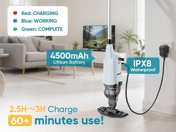 Cordless Pool Vacuum for Above Ground and Inground Pools, 18 GPM Powerful Suction Handheld Rechargeable Pool Cleaner with Versatile 4-Section Pole, 1H Runtime, Ideal for Leaves, Sand and Debris