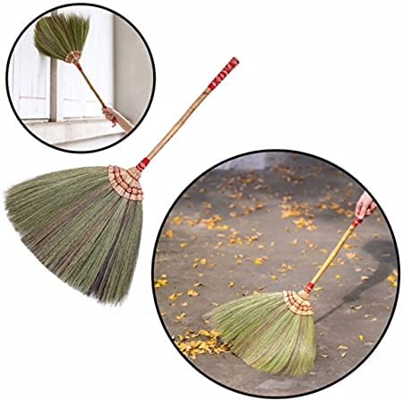 29 inch Tall of Natural Grass Broom 100% Handmade with a Bamboo Stick Embroidery Woven Nylon Top and Bottom Handle Red or Green Color on Random for Indoor and Outdoor Use