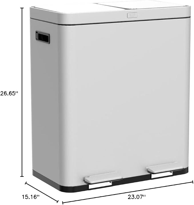 Home Zone Living 16 Gallon Kitchen Trash Can with Dual Compartments | Stainless Steel with CleanAura Odor Control, Soft-Close Step Pedal Lids for Recycling, Silver