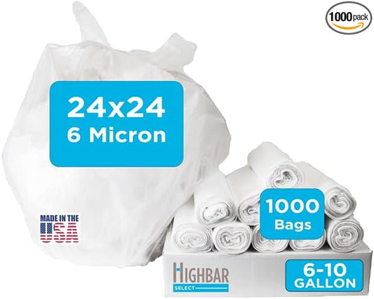 Highbar Select 24" x 24" Clear Trash Bags, 6-10 Gallon Trash Bag, 1000 Count, 6 Micron, Value Pack, For Lightweight Trash for Small Wastebaskets, For Home and Office Use
