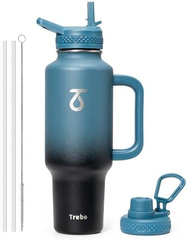 Trebo Insulated Water Bottle 40oz that Fits in Car Cup Holder with Spout Straw Lids, Stainless Steel Bottles Travel Flask with Handle, Metal Reusable Tumbler, Leakproof Keep Cold &Hot,Indigo/Black