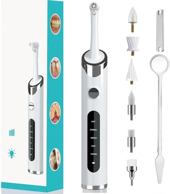Tooth Polisher Kit with 5 Speed Modes and 5 Heads,Tooth Whitening for Cleaning with Led Light, IPX7 Waterproof Tooth Polish Complete Teeth Cleaning Tools Home Dental Care Set White
