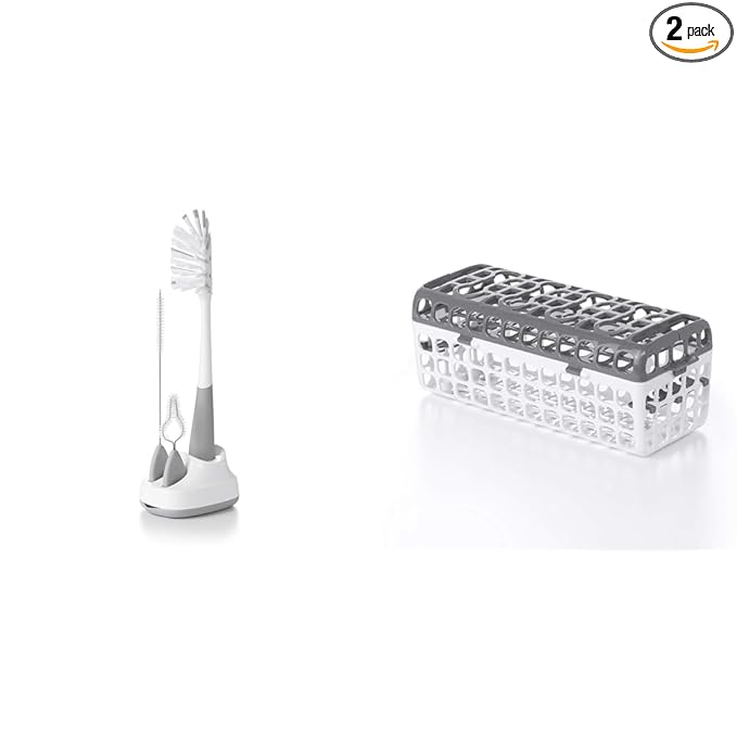 OXO Tot Water Bottle and Straw Cup Cleaning Set Brush Set - Gray & OXO Tot Dishwasher Basket, Gray