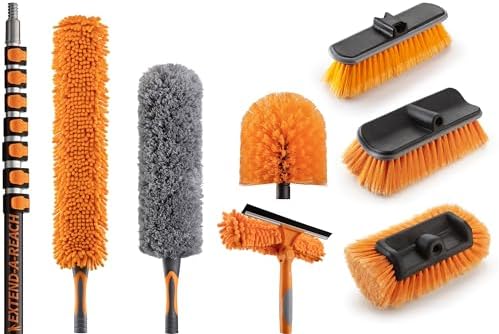 36 Foot High Ceiling Duster and Brush Kit with 7-30 ft Extension Pole // Telescoping Duster, Window Squeegee and Cobweb Duster with Exension Pole // Interior and Exterior House Cleaning Brushes