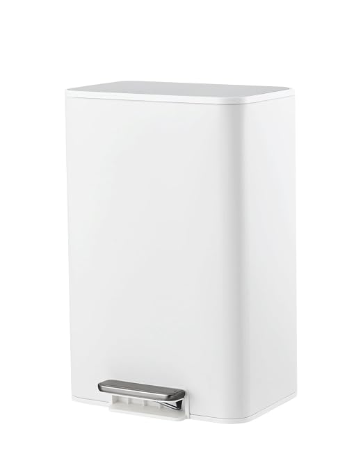 GarveeHome 4 Gallon Trash Can, Rectangular Stainless Steel Waste Bin with Quiet Foot Pedal, Soft-Close Lid & Removable Bucket, Space-Saving Design Garbage Can for Bedroom, Living Room, White