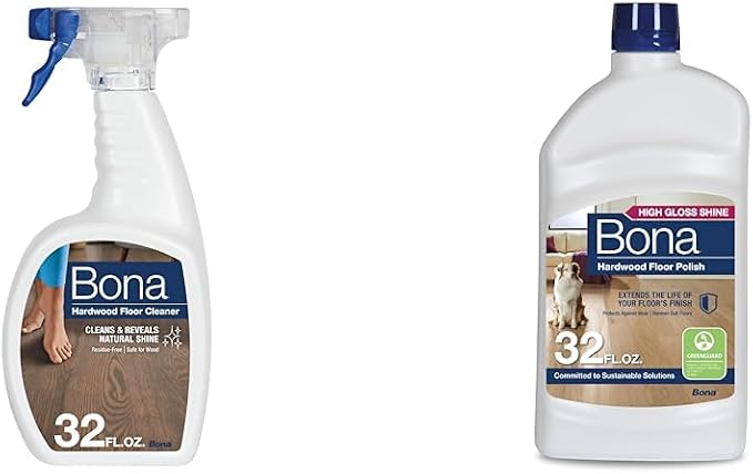 Bona Hardwood Floor Cleaner Spray - 32 fl oz - Unscented + Hardwood Floor Polish - 32 fl oz - High Gloss Shine - Polish for Wood Floors