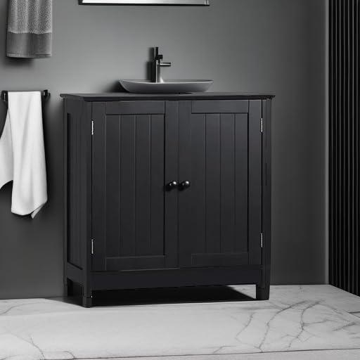 HOMCOM Under Sink Bathroom Cabinet, Pedestal Sink Storage Cabinet with 2 Doors, Shelf and U-Shape, Black
